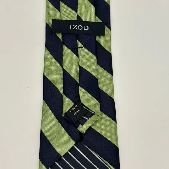 IZOD Silk Necktie Navy Green Repp Stripe Traditional Preppy Academia Classic - Picture 3 of 14